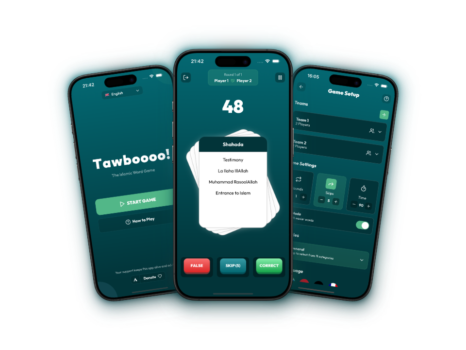 Tawboooo! on three phones: start screen, a word card with its forbidden words, and the game setup